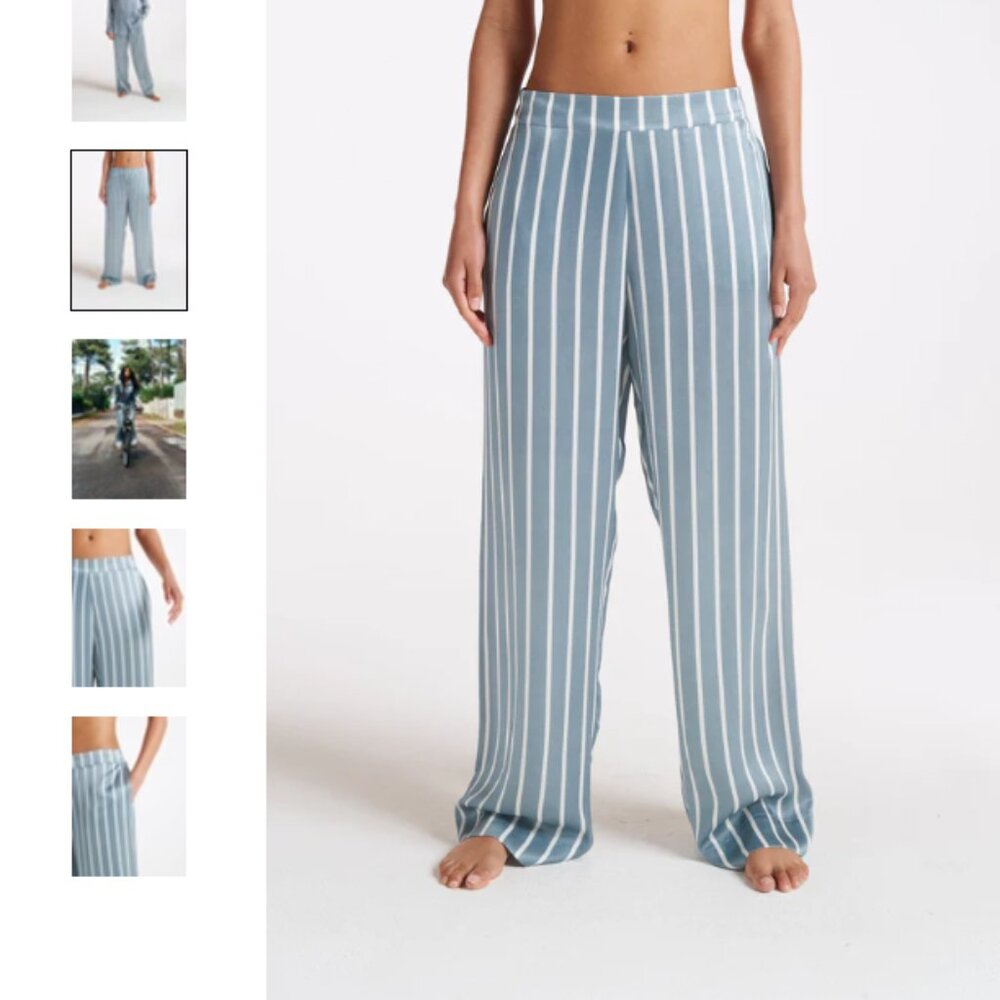 Asceno Light Blue and White Striped Wide Leg Silk Pants